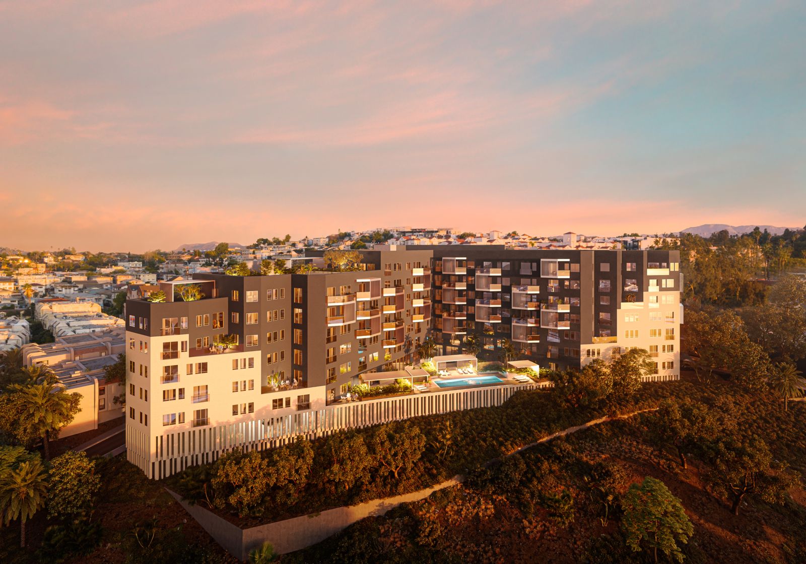 Rendering of 7-story, multi-family housing project in the Chinatown neighborhood of Downtown Los Angeles