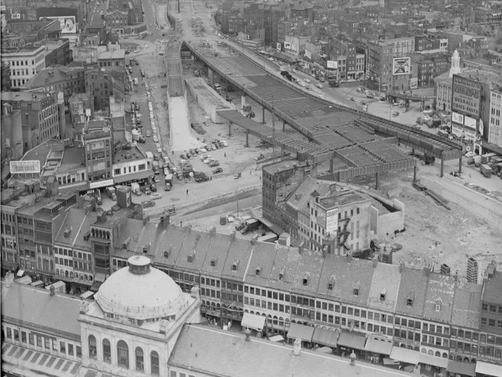 black-and-white; road being built in Boston in the early 20th century