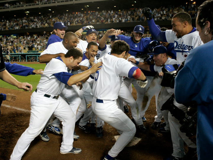 Dodgers players celebrating on the field