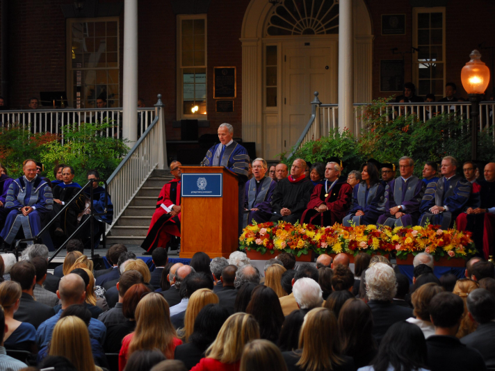 Frank McCourt delivering the 2023 commencement speech for the McCourt School of Public Policy at Georgetown University