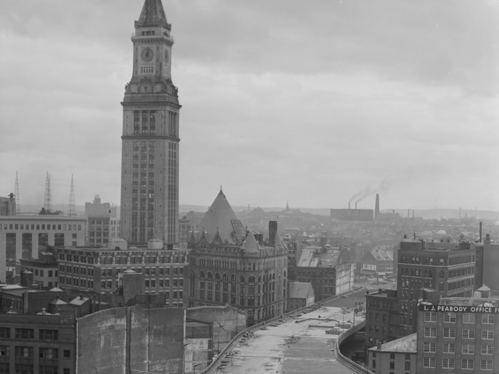 black-and-white; the early 20th century Boston skyline