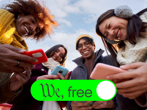 Young adults on their phones with "We, free" in text