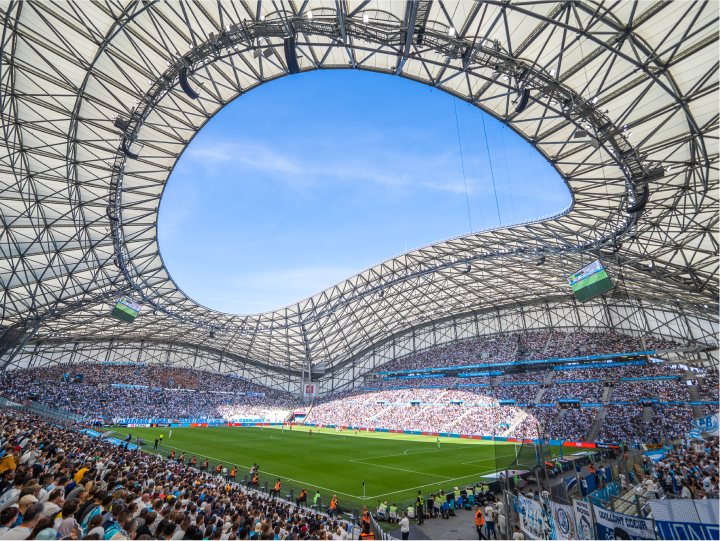 Interior of the Orange Vélodrome during a Olympique de Marseille match