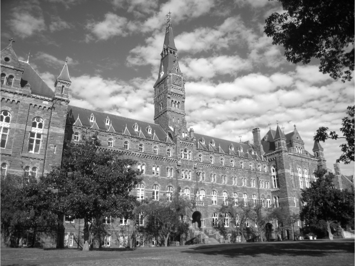 black-and-white; Healy Hall at Georgetown University