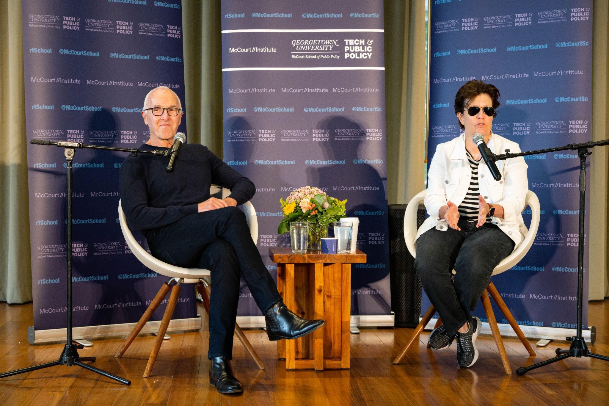 Frank McCourt and the journalist Kara Swisher speaking at Georgetown University's McCourt School of Public Policy and the McCourt Institute's Tech & Public Policy Event